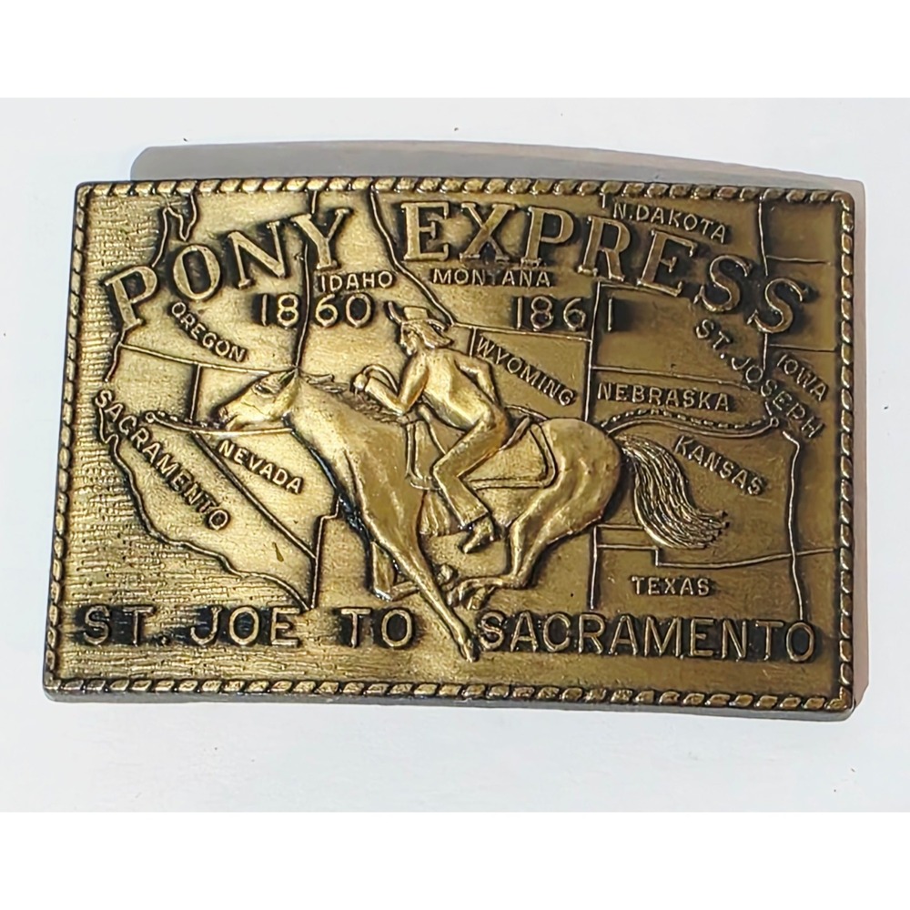 Vintage Pony Express 1860 - 1861 St Joe to Sacramento Gold Tone Belt Buckle